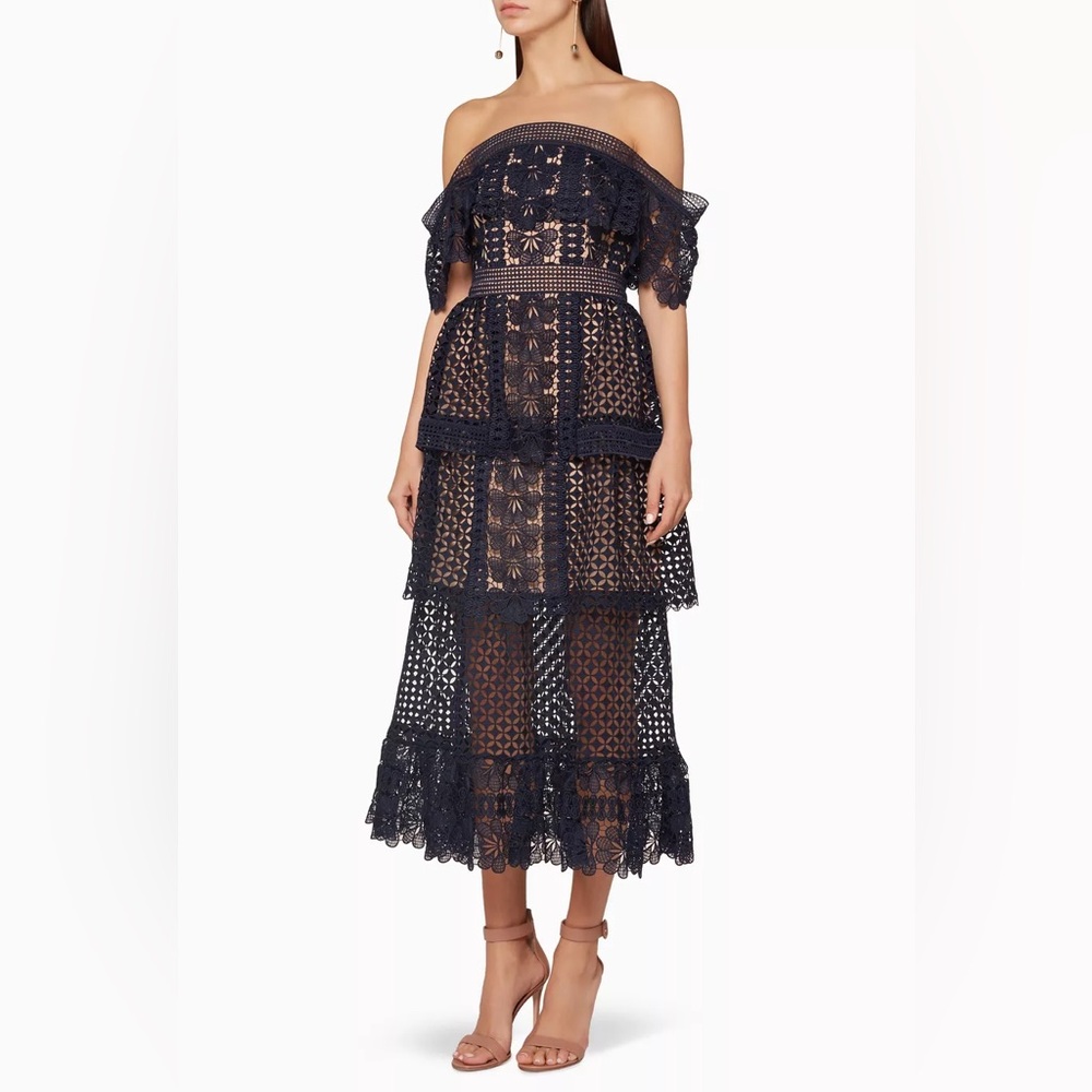 Self Portrait Navy Guipure off the shoulder dress